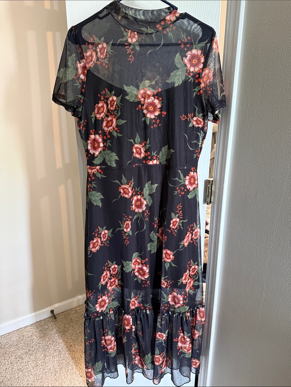 Black Floral Mesh Midi Dress with Pink Roses
